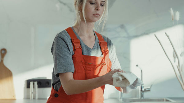 oung woman in orange overalls wiping a kitchen counter to remove dirt and bacteria from one of the home’s dirtiest places.