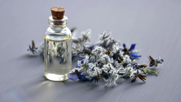 Glass bottle of natural essential oil with dried flowers on a grey surface, symbolizing eco-friendly home fragrance solutions.