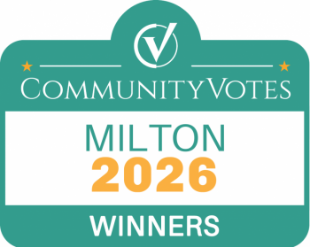 CommunityVotes Burlington 2024 Winners badge in teal and white with yellow text and a checkmark logo at the top.